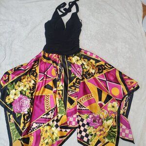 Betsy & Adam Black Pink Floral Tied Halter Dress Women 10 Maximalist Artsy Party